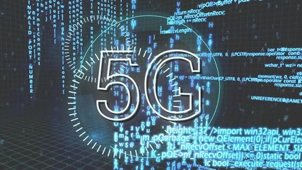 Poster - 5G written in the middle of a futuristic circles and program codes
