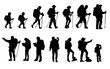 Silhouettes of travelers with backpacks set. hiking, trekking, backpacking.