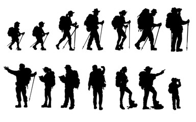 silhouettes of travelers with backpacks set. hiking, trekking, backpacking.