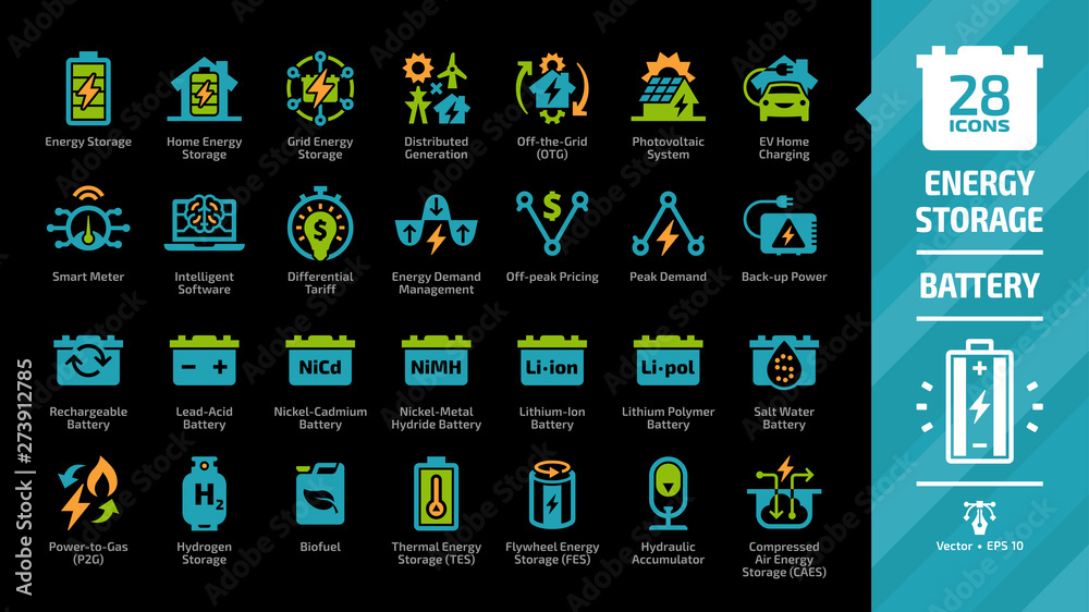Energy storage color icon set on a black background with distributed generation, solar panel system, off the grid, EV home charging, demand management, rechargeable battery and more glyph symbols. - obrazy, fototapety, plakaty 