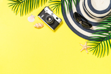 Summer travel concept flat lay image.