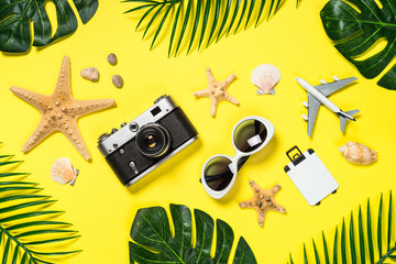 Summer travel concept flat lay image.