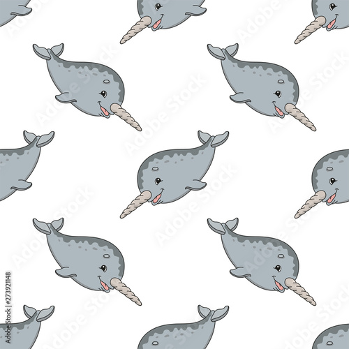 Happy Narwhal Colored Seamless Pattern With Cute Cartoon