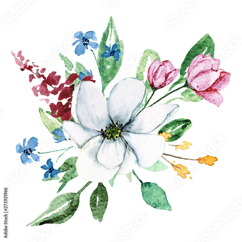 Watercolor flowers, floral meadow bouquet. Perfectly for print on greeting ca...