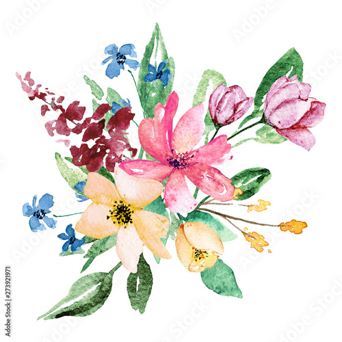 Watercolor flowers, floral meadow bouquet. Perfectly for print on greeting ca...