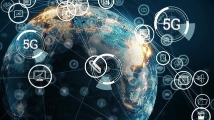 Poster - Globe with application icons and 5G written in the middle of a futuristic circles
