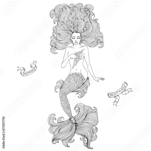 Jpeg Drawing Sea Mermaid With Long Curly Hair And A Beautiful Patterned Scaly Tail With Wavy