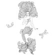 Vector drawing sea mermaid with long curly hair and a beautiful patterned scaly tail with wavy fins. Sexy mermaid hand presses seashell to the breast. Coloring page sea nymph for adults print t-shirt