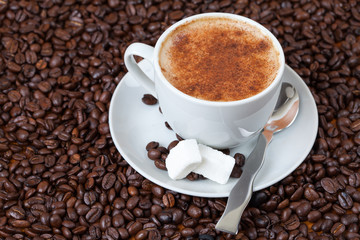 Cup of cappuccino on coffee beans