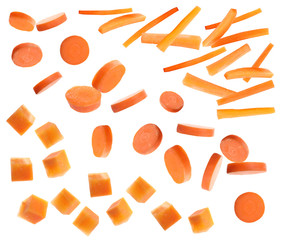 Set of cut fresh ripe carrots on white background