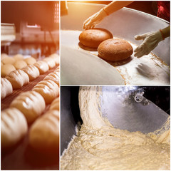 Collage of raw dough and baked bread. Process of baking bread, collage.