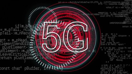 Poster - Program codes and 5G written in the middle of a futuristic circles