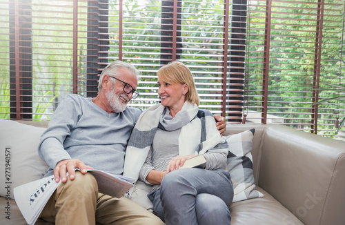 Cuadros en Lienzo Portrait of happy old couple smiling in living room at home, caucasian senior couple relax in sofa