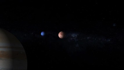 Wall Mural - Size difference concept, planetary system fictional animation Jupiter transit in front of other planets milky way stars in background. Contains public domain image by Nasa