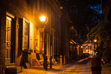 Old Town Stone Street In Philadelphia, Pennsylvania At Night Time