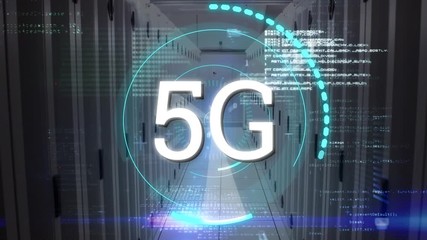 Poster - Program codes and 5G written in the middle of a futuristic circles