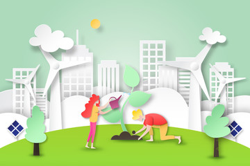 Aufkleber - Paper art of environment and ecology conservation concept.People plant tree in green eco city and clean energy.Vector illustration.