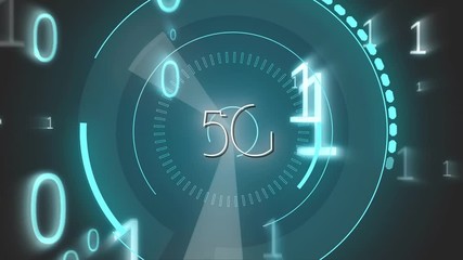 Poster - Binary codes and 5G written in the middle of a futuristic circles