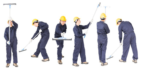 Set of Young man hold squeegee window cleaner isolated on white