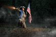 Man dressed as soldier of War of Independence United States aims from pistol with flag