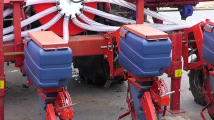 Wall Mural - Precision inline seeder. A row seeder. Seed drill. Agriculture machinery. Fragment of modern pneumatic precision seeder
