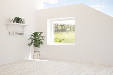 Stylish empty room in white color with summer landscape in window. Scandinavian interior design. 3D illustration