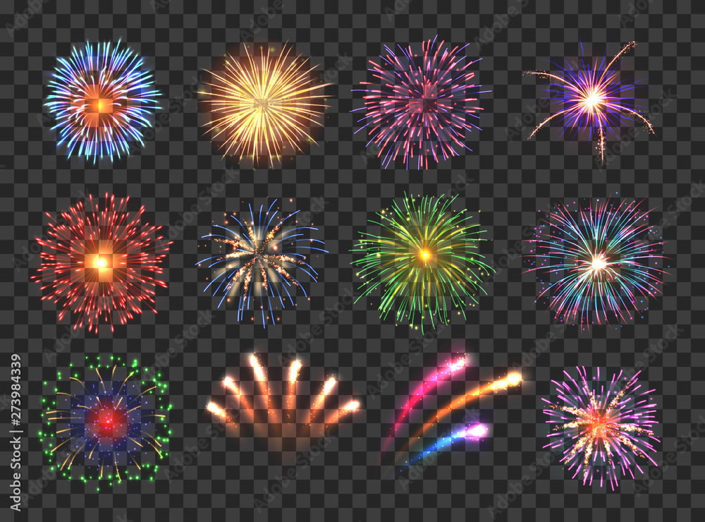 Big set of various fireworks with brightly shining sparks. Colorful pyrotechnics show. Realistic fireworks celebration isolated vector illustration. Beautiful light performance in night sky. - obrazy, fototapety, plakaty 