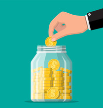 Glass Money Jar Full Of Gold Coins And Hand. Saving Dollar Coin In Moneybox. Growth, Income, Savings, Investment. Symbol Of Wealth. Business Success. Flat Style Vector Illustration.