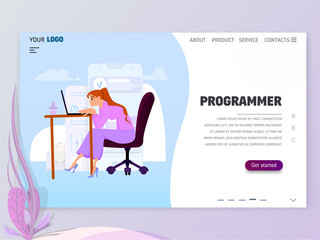 Wall Mural - Young girl programmer at work in the office, flat style, landing page template.