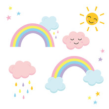Illustration Set Of Clouds And Rainbow, Smiling Sun