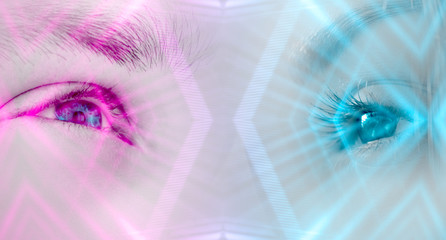 Wall Mural - Eyes of a man and a female on a bright abstract background with holograms