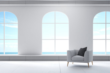 3D Rendering : illustration of Modern living room with nature view. soft sofa decorate room with wooden minimal cozy style interior. large window looking to sea scape with sunlight. white curtain.