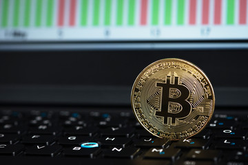 Golden bitcoin on laptop keyboard with chart in background