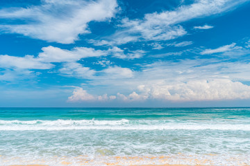 Beautiful tropical beach with blue sky and white clouds abstract texture background. Copy space of summer vacation and holiday business travel concept.