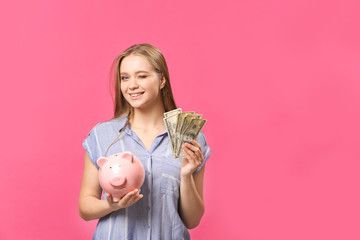 Sticker - Happy woman with piggy bank and money on color background