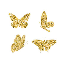 Set Gold Glitter Butterflies. Beautiful Spring, Summer Golden Sequins Silhouettes On White Background. Icons Different Shapes Wings, For Fashion, Ornaments, Tattoo. Vector Illustration.