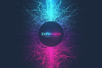 Geometric abstract background expansion of life. Colorful explosion background with connected line and dots, wave flow. Graphic background explosion, motion burst. Scientific vector illustration.