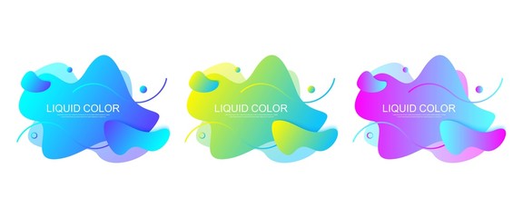 Aufkleber - Set of modern graphic design elements in shape of fluid blobs with geometric lines. Gradient blue and green, red and violet geometrical shapes. Liquid stain with dynamic color for flyer, presentation.