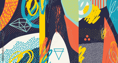 Creative doodle art header with different shapes and textures. Collage. Vector