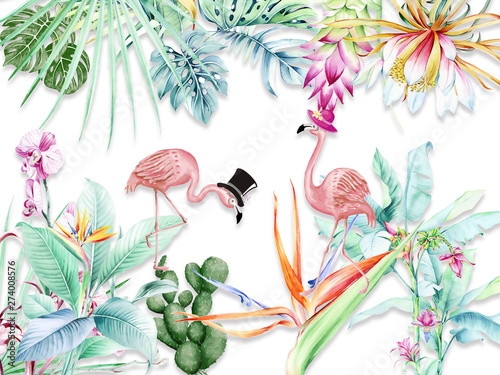 streszczenie-ilustracji-rozowe-kwiaty-kolorowe-liscie-palmowe-dwa-flamingi-w-kapeluszach