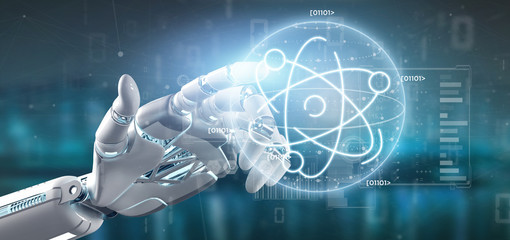 Cyborg holding an atom icon surrounded by data