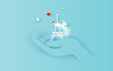 Paper art of red balloons heart gift floating in sky with landscape cloudscape view shadow. Eiffel tower Paris travel holiday in human's hand concept. Blue color pastel.winter season vector.EPS10