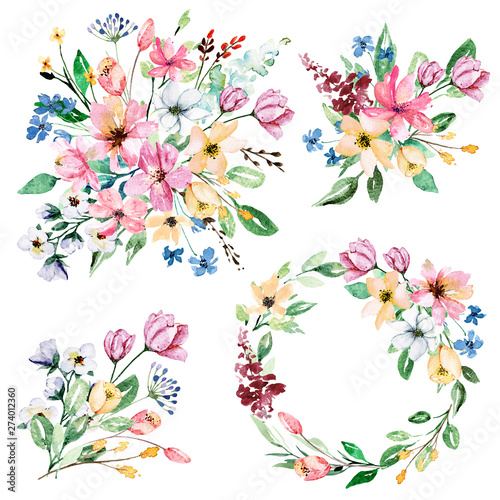 Floral set with watercolor flowers, bright bouquets hand painting. Summer hol...