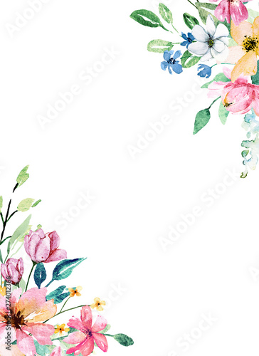 Greeting card template with watercolor flowers, bright floral frame hand pain...