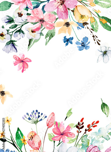 Greeting card template with watercolor flowers, bright floral frame hand pain...