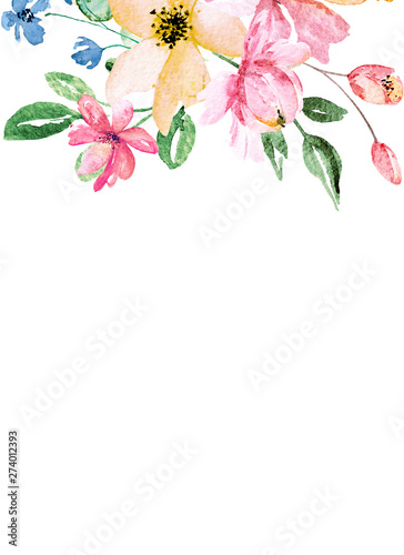 Greeting card template with watercolor flowers, bright floral frame hand pain...