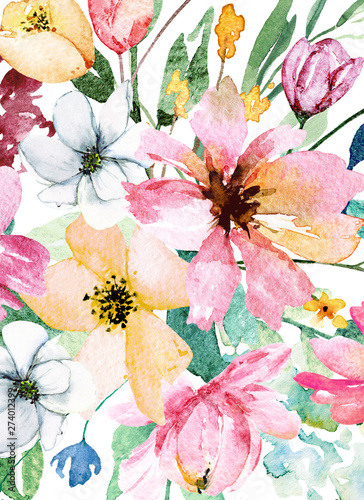 Floral background with watercolor flowers, bright summer floral design, hand ...
