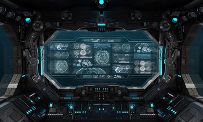 Canvas Print - dark spaceship interior with control panel digital screens 3d rendering