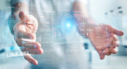 Poster - Businessman using digital technological interface with datas 3D rendering