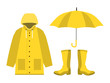 raincoat, rubber boots, open umbrella, set of rainy season in flat on white background design vector